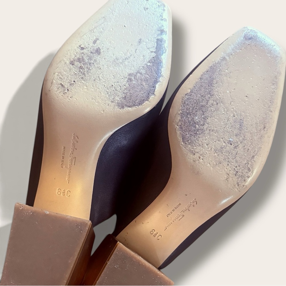Salvatore Ferragamo Black Leather Lace-Up Mules Brushed Gold Heel - Picture 8 of 8